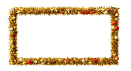 Beautiful christmas wreath of golden leaves in the shape of 1 to 2 rectangle frame with shiny stars and colorful orbs, on transparent background (RGBA 3D Rendering PNG)	