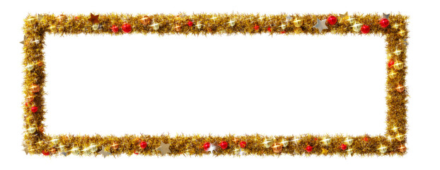 Beautiful christmas wreath of golden leaves in the shape of 1 to 3 rectangle frame with shiny stars and colorful orbs, on transparent background (RGBA 3D Rendering PNG)	