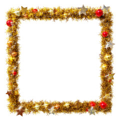 Beautiful christmas wreath of golden leaves in the shape of square frame with shiny stars and colorful orbs, on transparent background (RGBA 3D Rendering PNG)	