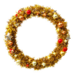 Beautiful christmas wreath of golden leaves in the shape of circle frame with shiny stars and colorful orbs, on transparent background (RGBA 3D Rendering PNG)	