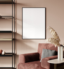 Mockup poster frame in modern interior, pink room with decoration and dried plant, 3d render