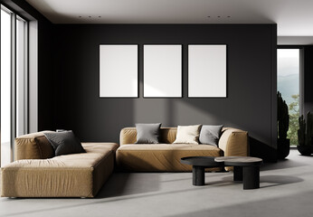 Mock-up frames in dark home interior with sofa, loft, 3d render