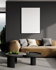 Big frame mockup in modern dark gray interior background, 3d rendering