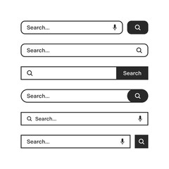 Various search bars with outline border. Internet browser engine with search box, address bar and text field. UI design, website interface element, web icons and push button. Vector illustration