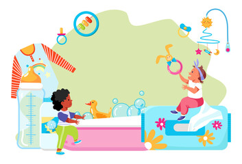 Fototapeta premium Care little baby kindergarten, young infant tiny character childcare nursery school stuff flat vector illustration, isolated on white.