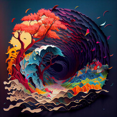 Very Colorful Whirlwind of Balls and Dust on Dark Background