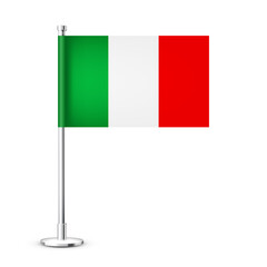 Realistic Italian table flag on a chrome steel pole. Souvenir from Italy. Desk flag made of paper or fabric and shiny metal stand. Mockup for promotion and advertising. Vector illustration