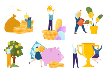 Group of people character together financial investment, success rich investor composition flat vector illustration, isolated on white.
