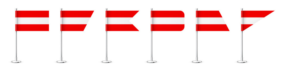 Realistic various Austrian table flags on a chrome steel pole. Souvenir from Austria. Desk flag made of paper or fabric, shiny metal stand. Mockup for promotion and advertising. Vector illustration