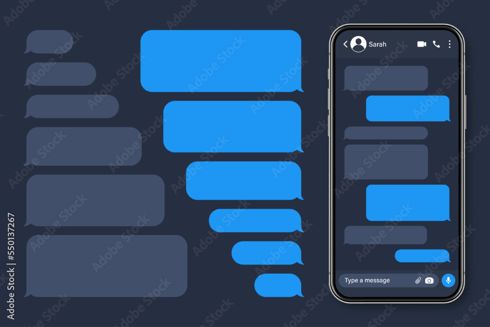Poster realistic smartphone with messaging app. blank sms text frame. conversation chat screen with blue me