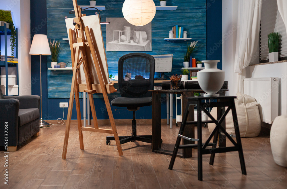Poster Unmanned workspace of art professional. Creative utensils of visual artist not being used at empty drawing studio. Void atelier of person with artistic skills filled with implements for creation of