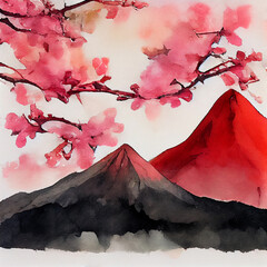 Japan traditional sumi-e painting. Fuji mountain, sakura, sunset. Japan sun. Indian ink illustration. Japanese picture.