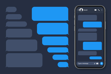 Fototapeta premium Realistic smartphone with messaging app. Blank SMS text frame. Conversation chat screen with blue message bubbles. Social media application. Vector illustration.