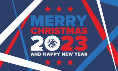 Merry Christmas and Happy New Year 2023. Magic holiday poster with snowflake. Winter celebration event. Christmas party. Congratulation card. Festive design template. Vector illustration