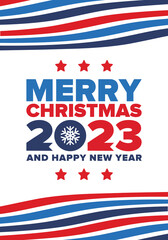 Merry Christmas and Happy New Year 2023. Magic holiday poster with snowflake. Winter celebration event. Christmas party. Congratulation card. Festive design template. Vector illustration