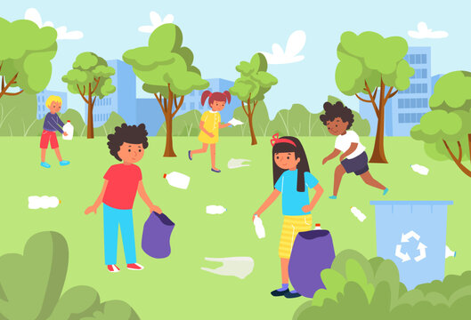 Group of people children volunteer character, cute child collecting garbage city park garden, environmental protection flat vector illustration.