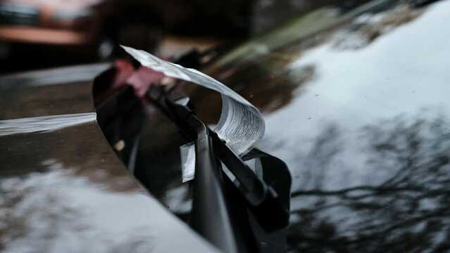 Parking ticket under car wiper on windshield blowing in wind.