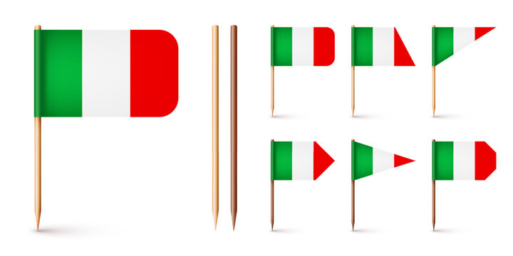Realistic various Italian toothpick flags. Souvenir from Italy. Wooden toothpicks with paper flag. Location mark, map pointer. Blank mockup for advertising and promotions. Vector illustration