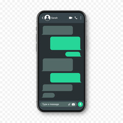 Realistic smartphone with messaging app. Blank SMS text frame. Conversation chat screen with green message bubbles. Social media application. Dark mode. Vector illustration