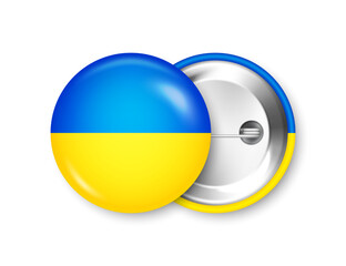 Realistic button badge with printed Ukrainian flag. Souvenir from Ukraine. Glossy pin badge with shiny metal clasp. Product mockup for advertising and promotion. Vector illustration