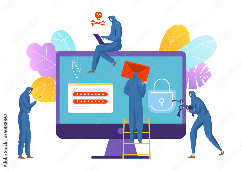Poster modern technology hacker steal personal data information, tiny character attack info flat vector ill