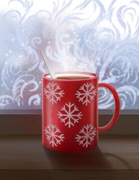 Red cup of coffee with a snowflake pattern by the window covered with ice patterns. Idea for books, calendars, postcards, stickers 