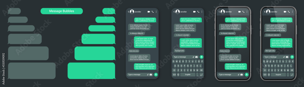 Wall mural realistic smartphone with messaging app. sms text frame. conversation chat screen with green message
