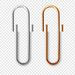 Realistic copper and steel paperclips attached to paper. Shiny metal paper clip, page holder, binder. Workplace office supplies. Vector illustration
