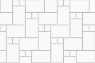White herringbone inserted tile background. Stone or ceramic brick wall. Kitchen backsplash mosaic surface. Bathroom, shower or toilet floor decoration. Sidewalk texture. Vector flat illustration