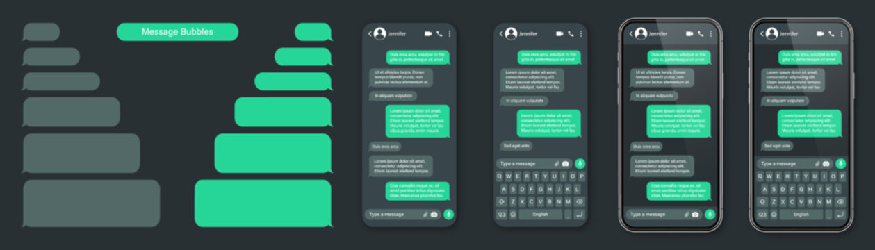 Realistic smartphone with messaging app. SMS text frame. Conversation chat screen with green message bubbles and placeholder text. Dark mode. Social media application. Vector illustration