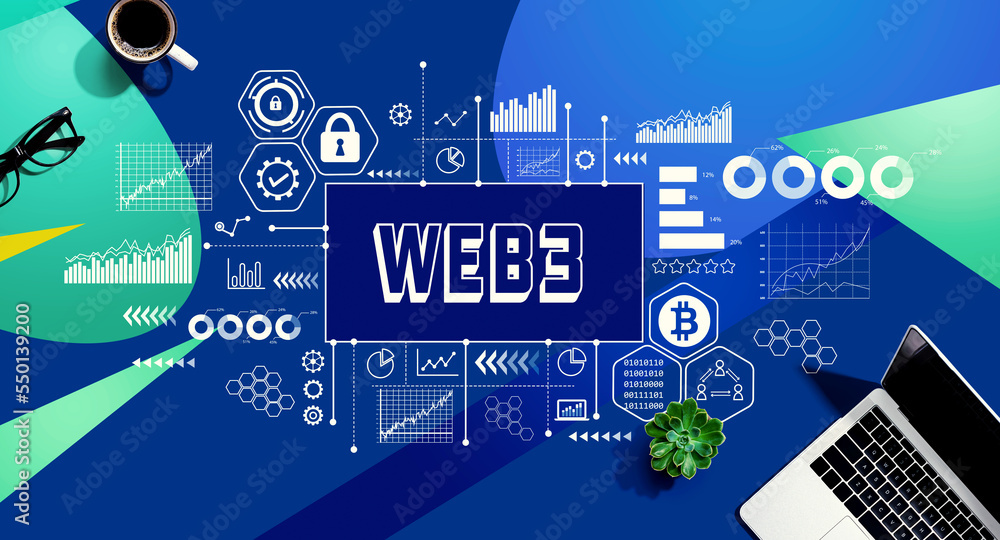 Aufkleber web3 theme with a laptop computer on a blue and green pattern background
