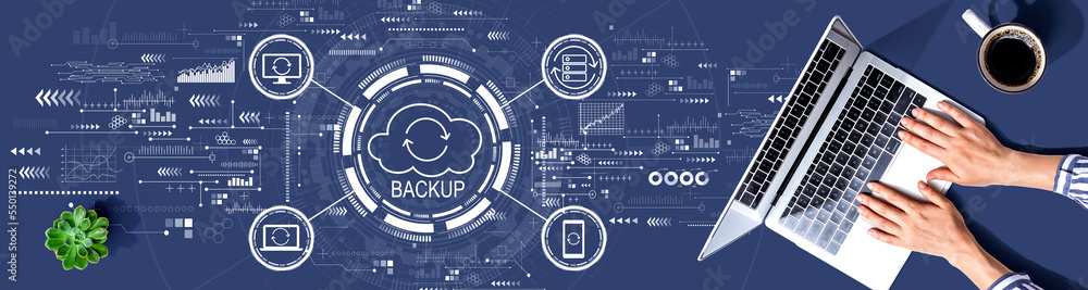 Poster backup concept with person using a laptop computer