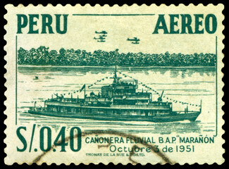 Vintage postage stamp.  Gunboat  "Maranon"