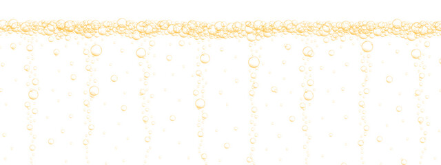 Golden bubbles stream background. Carbonated water surface. Sparkling fizzy drink, beer, soda, lemonade, prosecco, seltzer, champagne texture. Vector realistic illustration. © vikusha_art