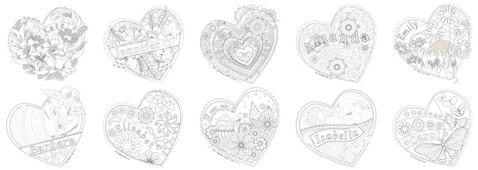 Black and white flower decorations set with female names, heart frame. Coloring book page. Vector illustration.