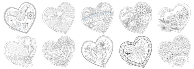 Black and white flower decorations set with female names, heart frame. Coloring book page. Vector illustration.