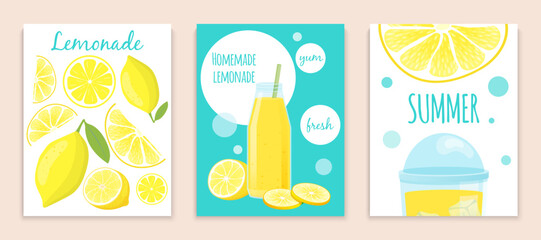 Organic refreshing homemade lemonade summer soft drink card set, natural beverage smoothies poster banner flat vector illustration. - obrazy, fototapety, plakaty