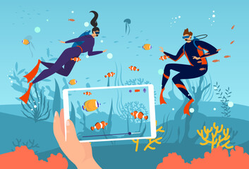 Modern technology lifestyle, live streaming underwater exploring, diver blogger video broadcast flat vector illustration.