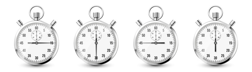 Realistic classic stopwatch icons. Shiny metal chronometer, time counter with dial. Countdown timer showing minutes and seconds. Time measurement for sport, start and finish. Vector illustration