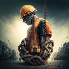 Modern slavery of construction worker, violation of human rights, slavery, forced labour, debt bondage, human exploitation and intimidation for personal or commercial gain - obrazy, fototapety, plakaty