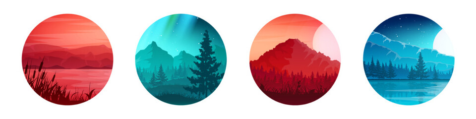 Colorful wild nature landscape, panorama with mountains, hills and forests. Travel and adventure, camping, wildlife. Coniferous trees, bushes and grasses. Vector illustration