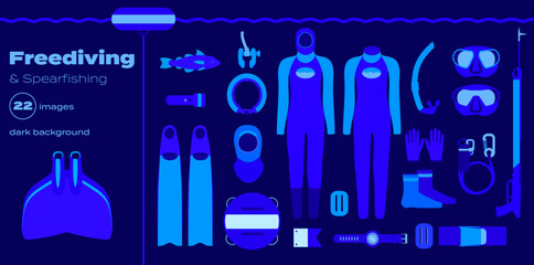 freediving icons, freediving and spearfishing equipment: monofin, fins, wetsuit, hooded wetsuit, mask, snorkel, torch, socks, buoy, crossbow, neck weight, gloves, nose clip, line, dive belt and more