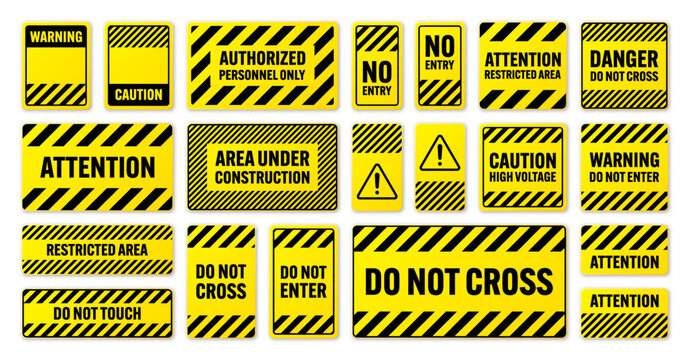 Various black and yellow warning signs with diagonal lines. Attention, danger or caution sign, construction site signage. Realistic notice signboard, warning banner, road shield. Vector illustration