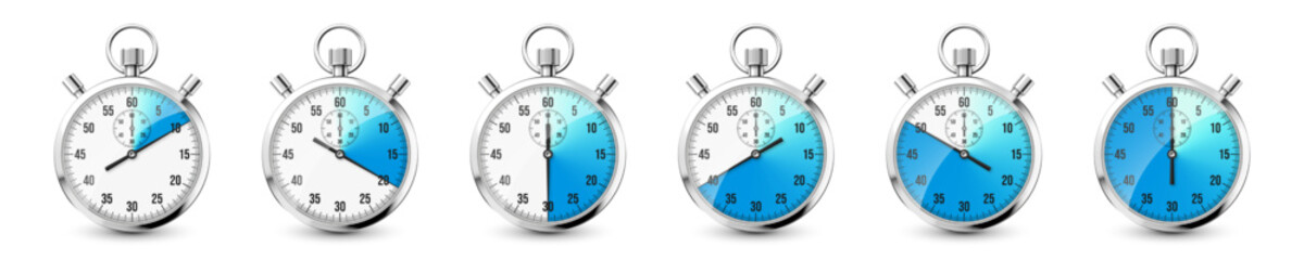 Realistic classic stopwatch icons. Shiny metal chronometer, time counter with dial. Blue countdown timer showing minutes and seconds. Time measurement for sport, start and finish. Vector illustration