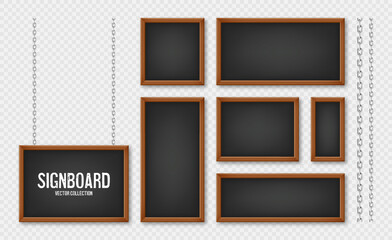 Signboards in a wooden frame hanging on a metal chain. Restaurant menu board. School chalkboard, writing surface for text or drawing. Blank advertising or presentation boards. Vector illustration