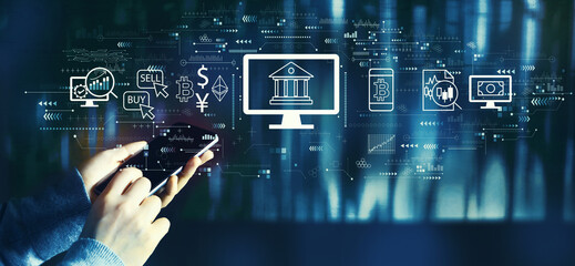 Cryptocurrency fintech theme with person using a smartphone