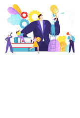 Business research innovation, teamwork tiny character together market analysis light bulb idea flat vector illustration, isolated on white.