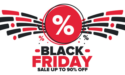 Black Friday. Sale up to 90% off. Biggest sale of the year. Special offer banner. Holiday shopping in United States. Super season deal in November. Discount badge. Creative vector template