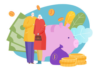 Financial literacy saving money for retirement, old people together trust investment fund flat vector illustration, isolated on white.