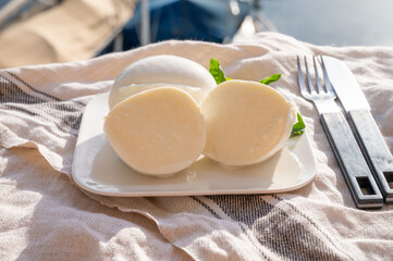 Tasting of white soft italian balls mozzarella cheese made from buffalo cow milk